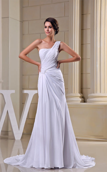 Criss-Cross One-Shoulder Ruched Chiffon Gown with Pleats and Court Train