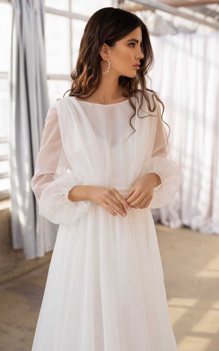 long sleeve bohemian prom dress Bohemian Bateau A Line Floor-length Sweep Train Long Sleeve Wedding Dr –  DorrisDress