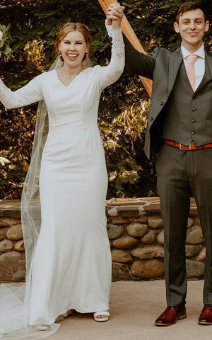 Modest Sheath V-neck Satin Court Train Wedding Dress with Appliques