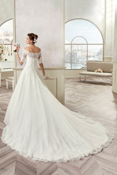 Off-Shoulder A-Line Bridal Gown With Half Sleeves And Scalloped Neckline
