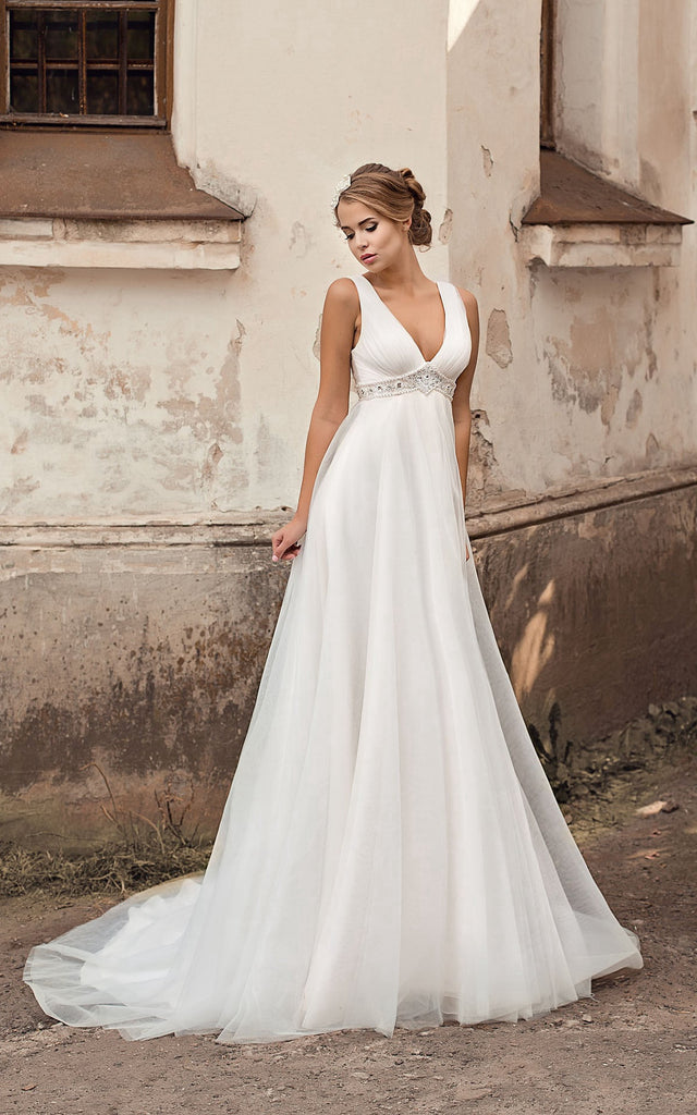 V-neck Empire A-line Chiffon Wedding Dress With Beading And Pleatings- DorrisDress V-neck Empire A-line Chiffon Wedding Dress With Beading And Pleatings- DorrisDress