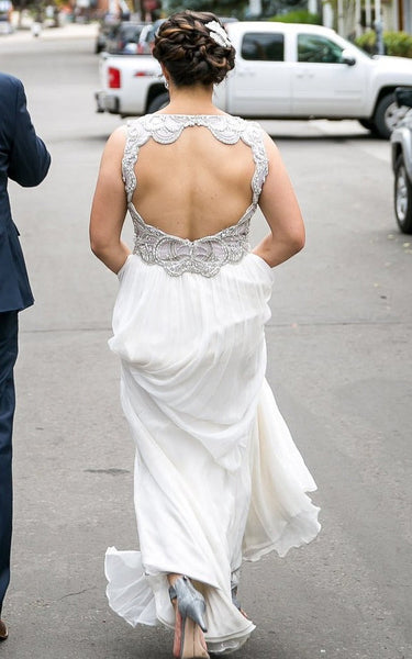 Grecian A-Line V-neck Chiffon Wedding Dress With Open Back And Beading
