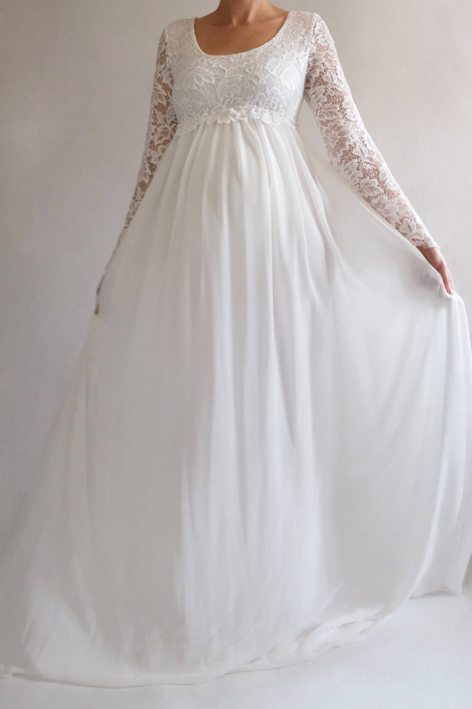 Beach Square Long Sleeve Lace Pleated Maternity Wedding Dress-715522 DorrisDress Beach Square Long Sleeve Lace Pleated Maternity Wedding Dress-715522 DorrisDress