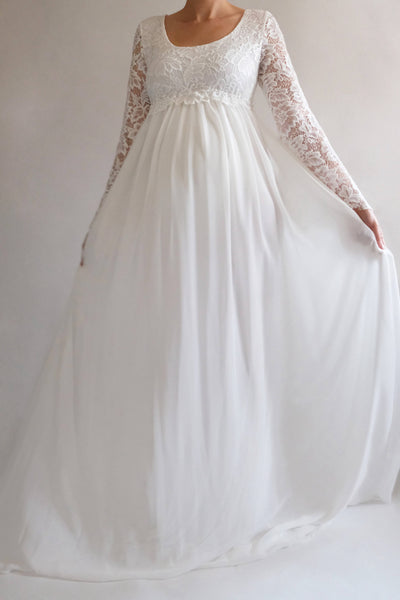 Beach Square Long Sleeve Lace Pleated Maternity Wedding Dress