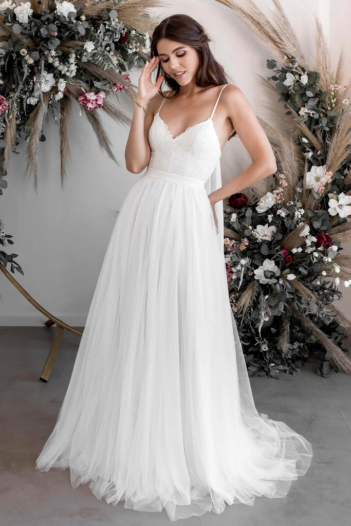 Ethereal Sexy Lace Tulle Spaghetti V-neck A-line Casual Bridal Gown Wi DorrisDress Ethereal Sexy Lace Tulle Spaghetti V-neck A-line Casual Bridal Gown Wi DorrisDress