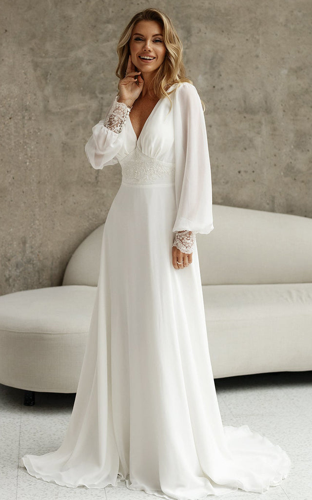 bohemian v neck wedding dress Wedtrend Women Boho Wedding Dress Ivory Lace Chiffon V-Neck Long Sleeve Bridal Dress, Ivory / US8