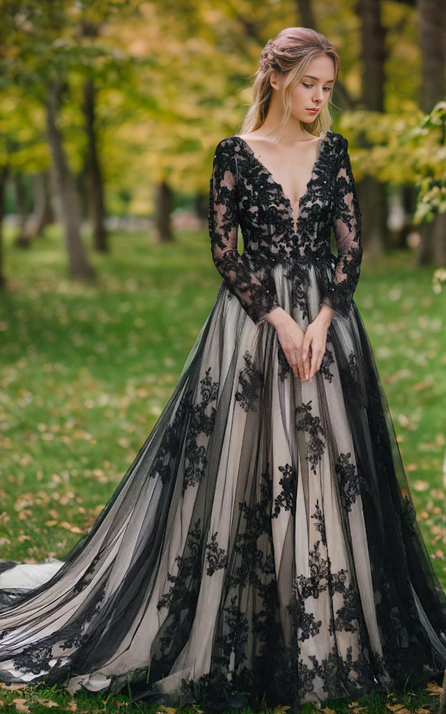 Gothic Boho Illusion Sleeve A-Line Black and White Wedding Dress Modern Modest Floral Beach Country Garden Bridal Gown Gothic Boho Illusion Sleeve A-Line Black and White Wedding Dress Modern Modest Floral Beach Country Garden Bridal Gown