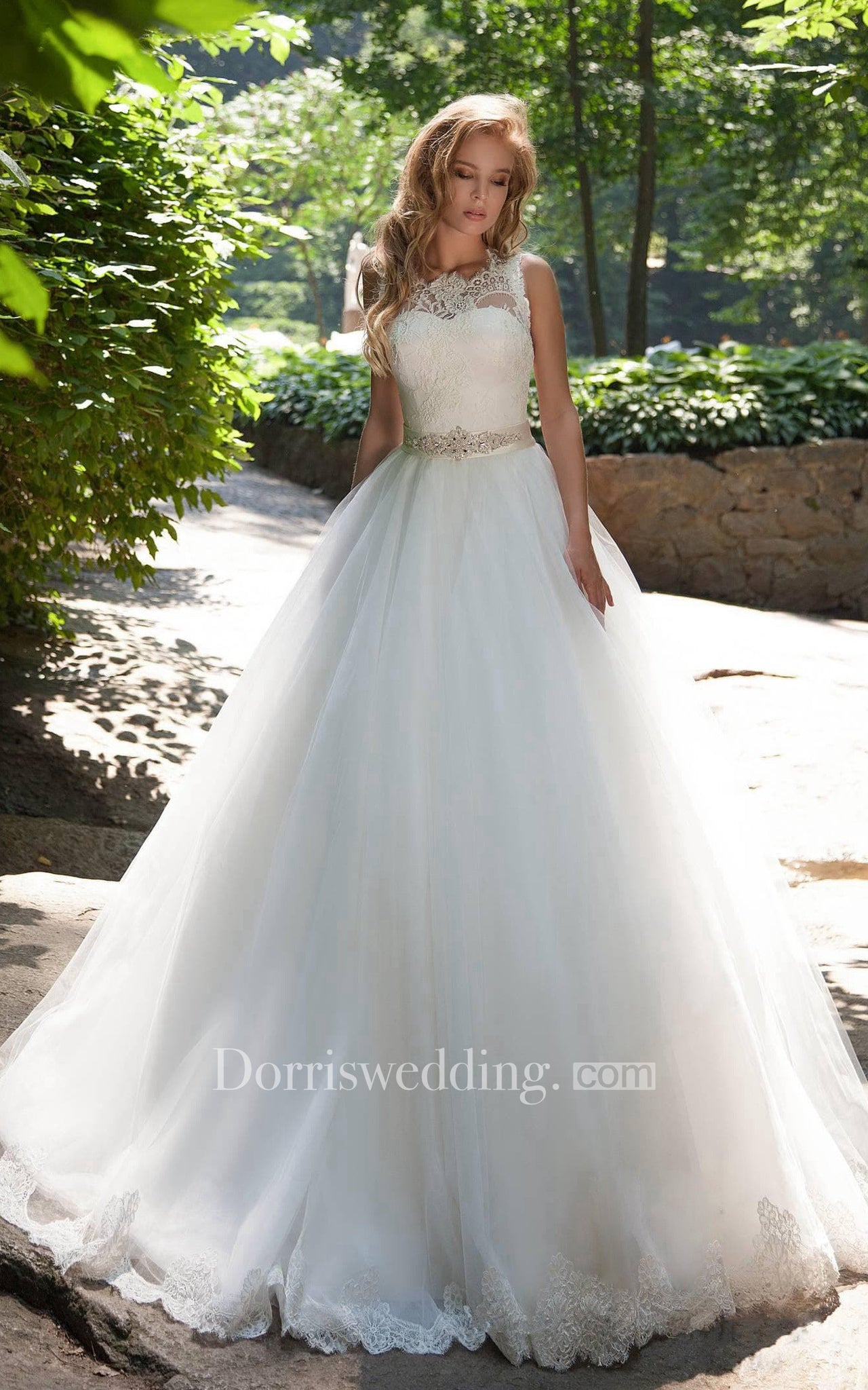 Ball Gown Long Bateau Sleeveless Low-V-Back Tulle Dress With Lace And Waist Jewellery