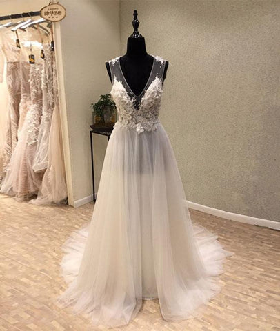 Goregous V-Neck A Line Brush Train Tulle Wedding Dress With Appliques