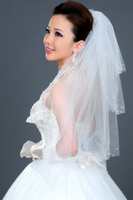 Beautiful Multi-Layered Puffy Elbow Wedding Veil with Pearl Beading