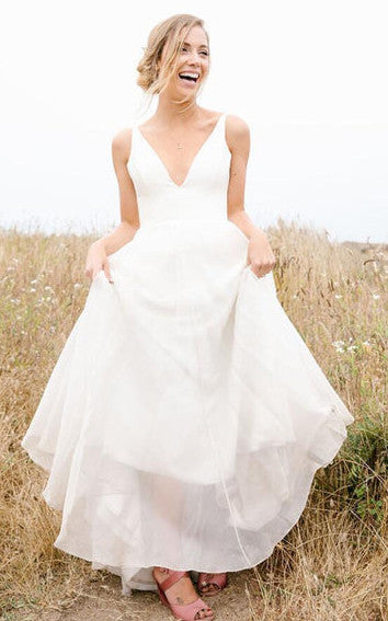 Chiffon V-neck A-Line Beach Wedding Dress With Open Back And Sweep Train