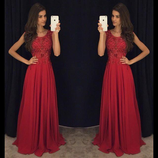 Fit and Flare Sleeveless Red Evening Dresses 2016 Lace Appliques Chiffon