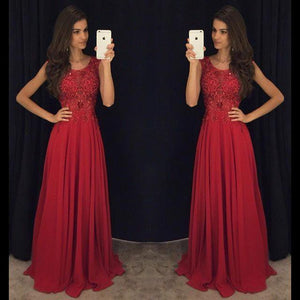 Fit and Flare Sleeveless Red Evening Dresses 2016 Lace Appliques Chiffon
