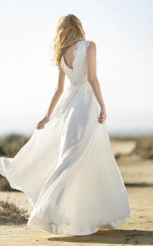 Boho V-Neck Sleeveless Long Chiffon Dress With Lace Bodice