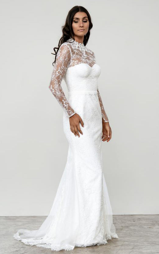 fitted lace wedding dress Modern High Neck Mermaid Long Sleeve Sweep Train Lace Wedding Dress with  Keyhole Back-715903