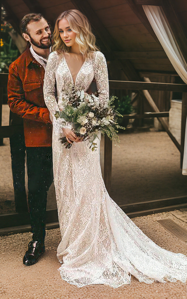 Vintage Modest Long Sleeve Boho Lace A-Line Sweep Train Wedding Dresse DorrisDress Vintage Modest Long Sleeve Boho Lace A-Line Sweep Train Wedding Dresse DorrisDress
