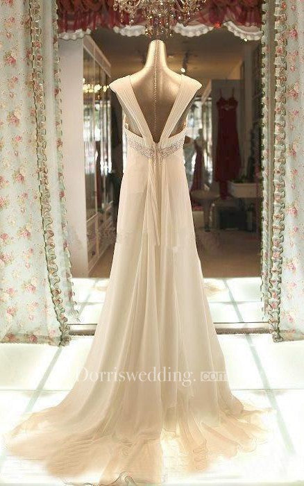 Floor-Length Cap Beading Zipper Corset Back Chiffon Lace Dress