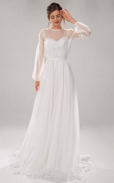 Modest A Line Jewel Chiffon Long Sleeve Wedding Dress with Train