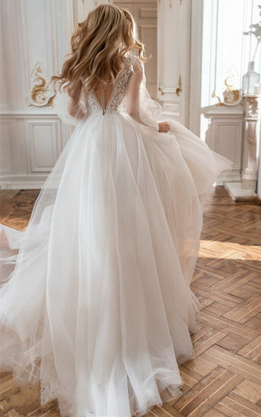 Bohemian A-Line V-neck Tulle Wedding Dress with Sweep Train