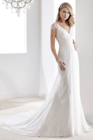 V-Neck Sheath Chiffon Wedding Dress With Bandage Waist And Illusive Sleeves And Back