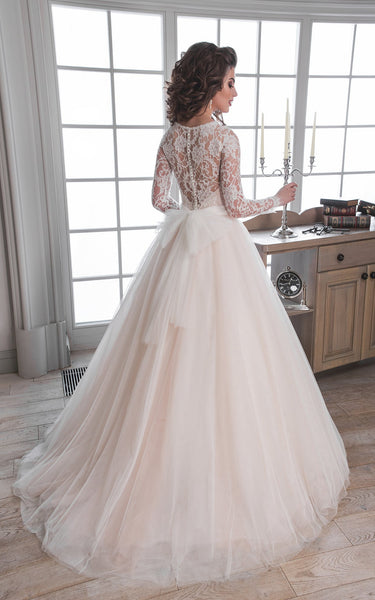 A-Line Maxi Scoop Long-Sleeve Illusion Tulle Lace Dress With Bow