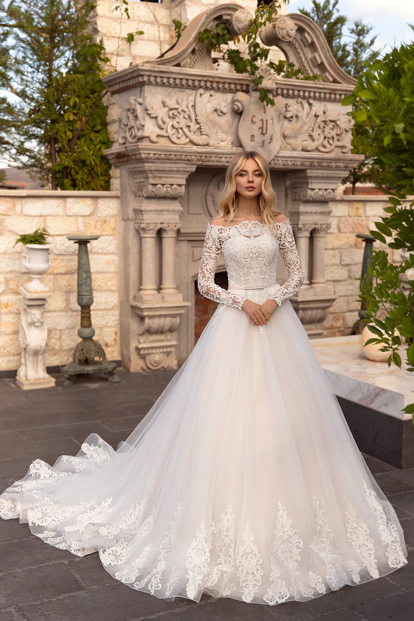 Off-the-shoulder Sash Illusion Long Sleeve And Button Back Ballgown La DorrisDress Off-the-shoulder Sash Illusion Long Sleeve And Button Back Ballgown La DorrisDress