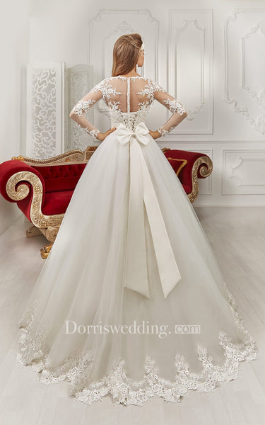 Bateau Floor-length Long Sleeve Illusion Back Appliques Dress With Bows