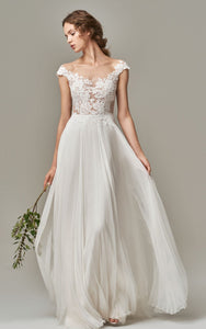 Elegant Bateau A Line Chiffon Lace Short Sleeve Wedding Dress with Appliques and Illusion Open Back