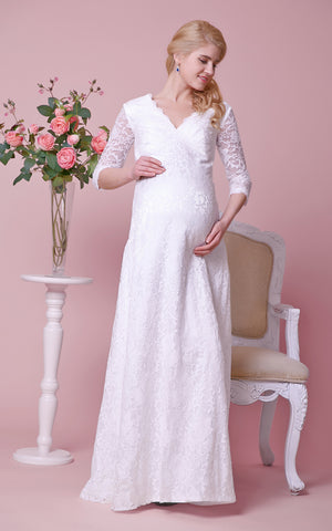 V-Neckline 3 4 Sleeves Lace Allover Floor-Length Dress