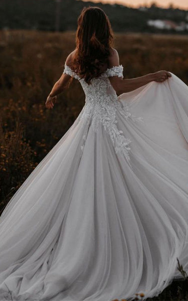 A Line Romantic Off-the-shoulder Tulle Wedding Dress with Appliques