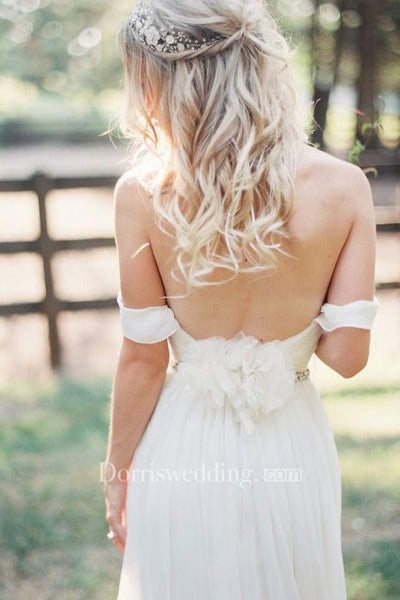 Elegant Off-shoulder Beading Sash Long Chiffon Wedding Dress Wedding Dresses