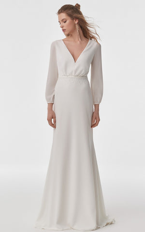Modern Chiffon V-neck Sheath Long Sleeve Wedding Dress with Open Cowel Back and Sweep Train