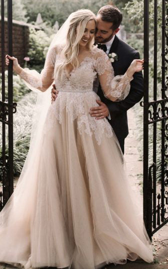 Ethereal Floor-length Train Long Sleeve Lace A Line Wedding Dress with Appliques