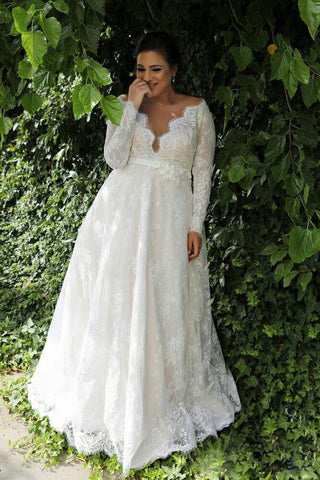 Sexy Sheer V Neck Long Sleeves Lace Floor Length Garden Plus Size Wedding Dress