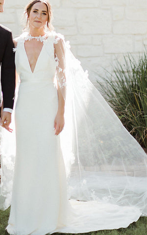 Modern Sheath V-neck Satin Sweep Train Wedding Dress