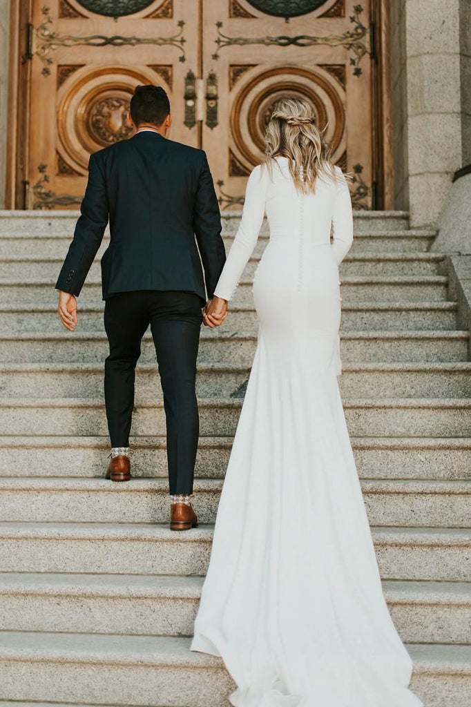 Modest Long Sleeve Satin Wedding Gown With Cathedral Train And Buttons DorrisDress Modest Long Sleeve Satin Wedding Gown With Cathedral Train And Buttons DorrisDress