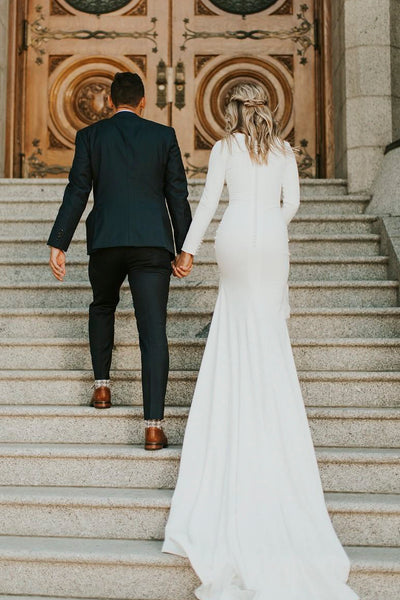 Modest Long Sleeve Satin Wedding Gown With Cathedral Train And Buttons