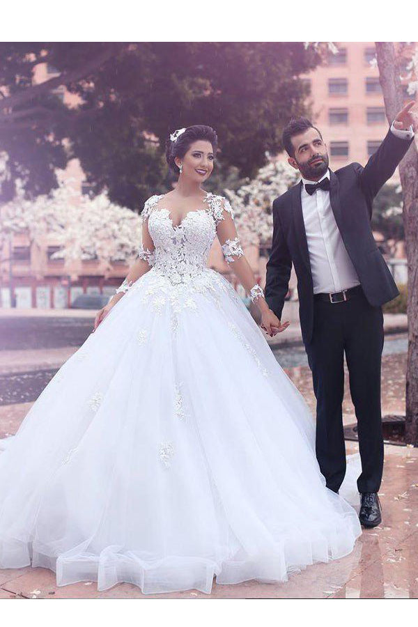 Ball Gown Court Train Sweetheart Long Sleeves Lace Tulle Wedding Dresses