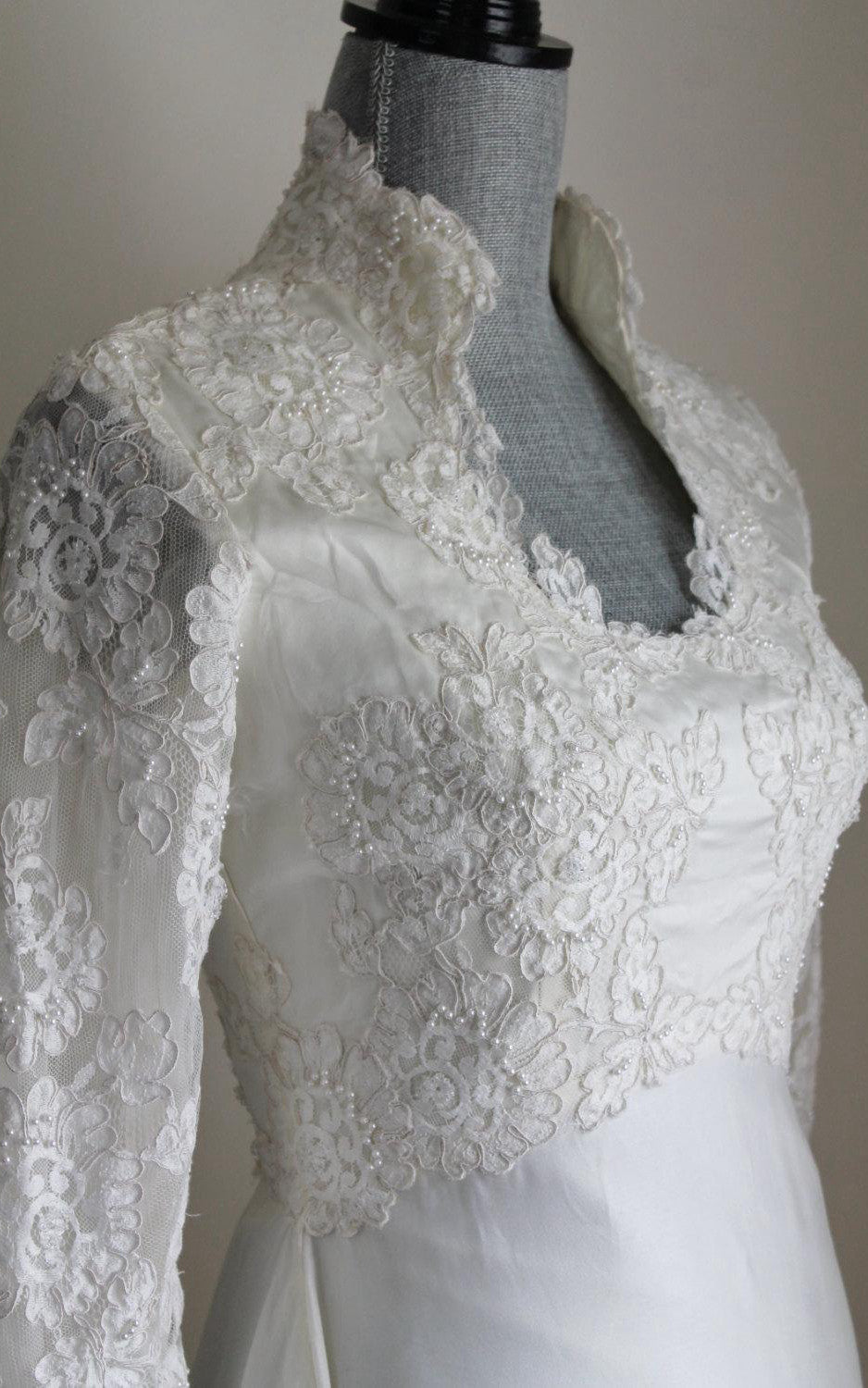 fitted lace wedding dress Queen Anne Neck Long Sleeve A-Line Satin Wedding Dress With Lace Hem-E –  DorrisDress