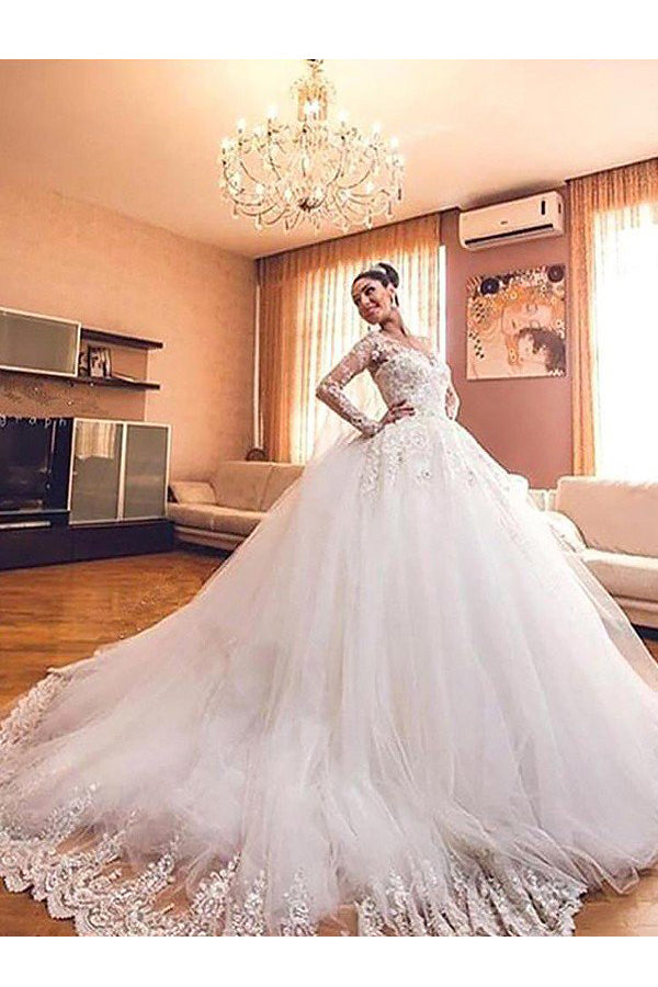 Ball Gown Long Sleeves Lace Tulle V-neck Court Train Wedding Dresses