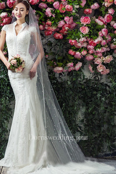 Bridal Veil With Pearl Super Fairy Travel Wedding Veil Headdress Super Long Soft Yarn