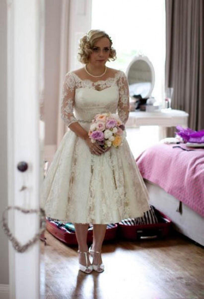 Plus Size Lace Scoop Illusion Half Long Sleeve Tea Length Wedding Dress