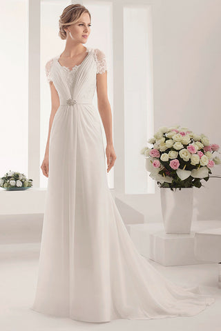 Modest Lace Short-Sleeve A-Line Long Chiffon Gown With Shiny Waist