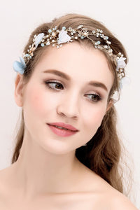 Handmade Aesthetic Blue And White Flowers Vine Pearl Rhinestone Bridal Hair Band-860285