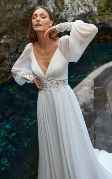 Bohemian A-Line Satin Wedding Dress With Poet Long Sleeves And Deep-V Back 