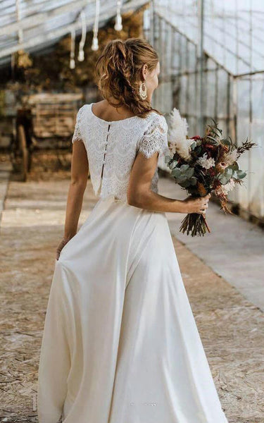 Bohemian Bateau Satin and Lace Two Piece Floor-length Short Sleeve Wedding Dress with Pleats