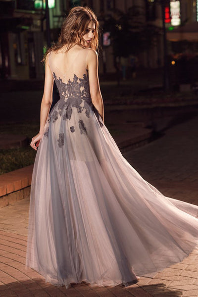 A-Line Maxi Bateau Sleeveless Tulle Low-V Back Dress With Appliques And Pleats