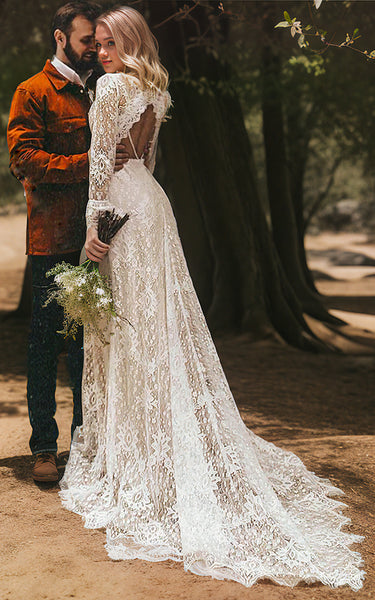 Vintage Modest Long Sleeve Boho Lace A-Line Sweep Train Wedding Dresses with Backless and Embroidery