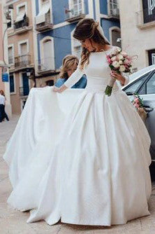 Simple Backless Long Sleeve Satin Ball Gown Wedding Dresses