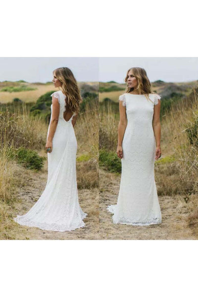 Vintage Country Boho Sheath Cap Sleeve Wedding Dress Elegant Simple Modest Bateau Neck Bridal Gown